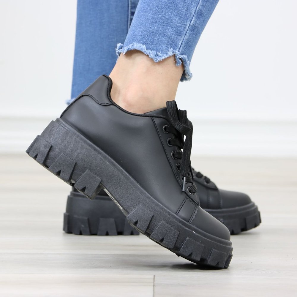 Black Chunky Lace-Up Lug Sole Oxford Platform Women's Shoes - Picture 5 of 12